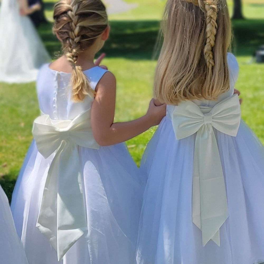 White satin tulle flower girl dress with ivory sash